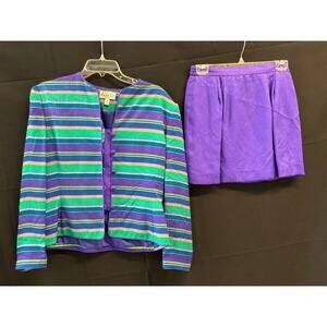 VTG Adrianna Papell 100% Silk Skirt Suit Striped Size 10 Perfect Condition